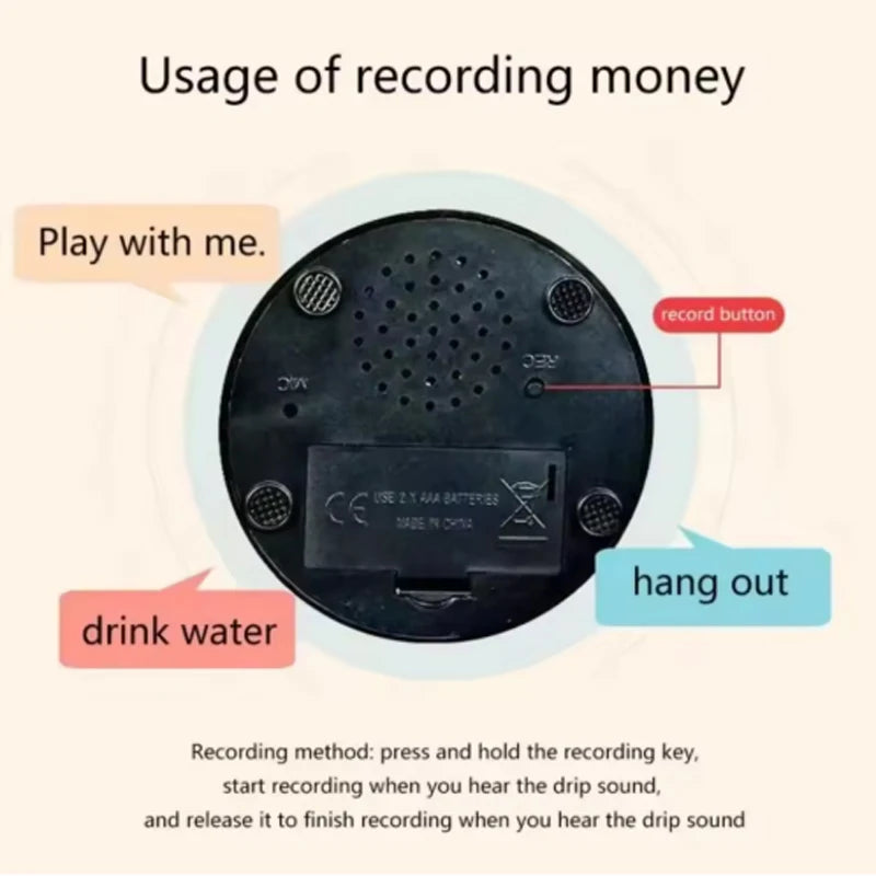 A black recording button device with a battery compartment and instructions for recording.