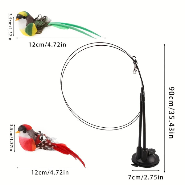 Langes, flexibles Vogelspielzeug mit gelbem und grünem Vogelkopf und rotem Körper.