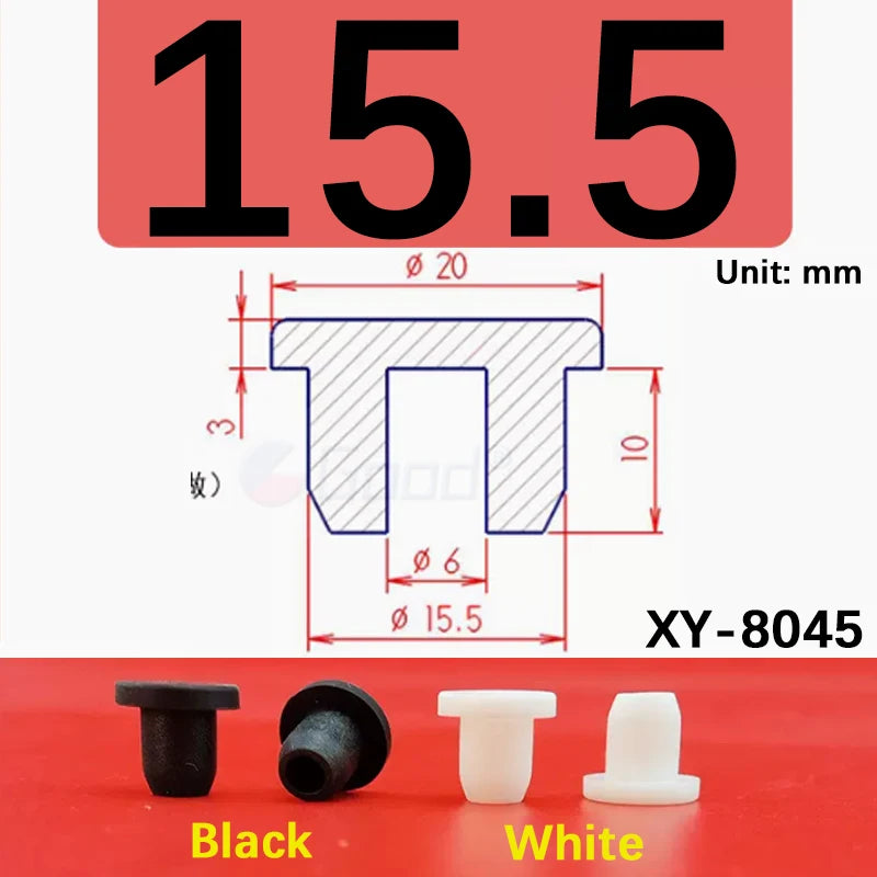 Black and white silicone rubber hole plugs shown with dimensional markings for XY-8045