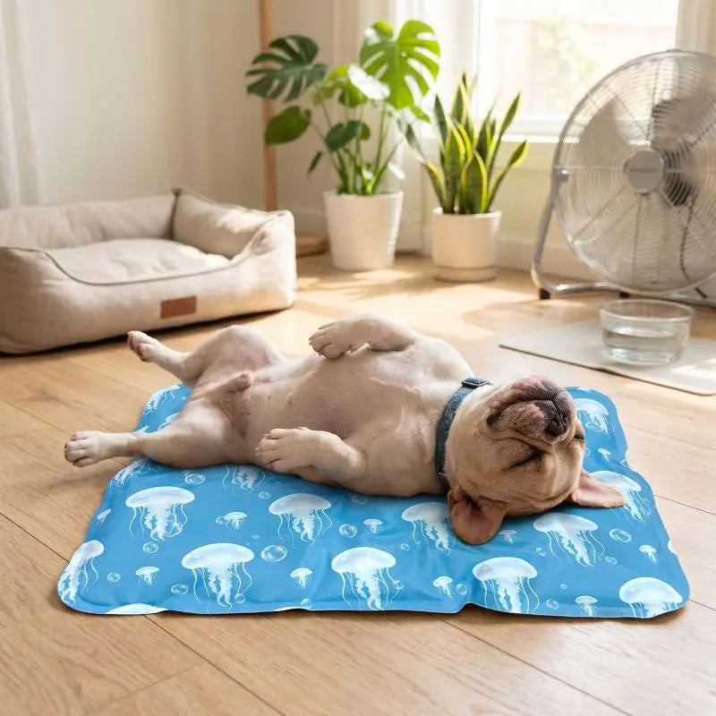 A light tan dog is relaxing on a blue pet mat with white mushroom designs indoors.