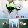 A white poodle wearing a neon green life vest is being held by a hand, with smaller versions shown below.