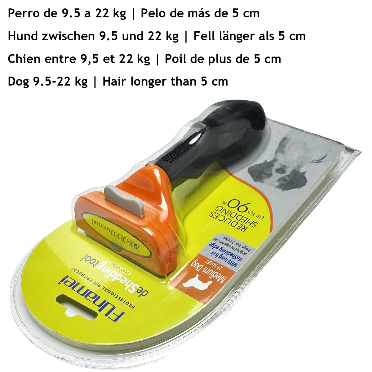 Orange pet deshedding brush with a black handle and clear plastic body for grooming dogs