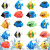 A collection of ten colorful, lifelike floating artificial tropical fish for aquarium decoration.