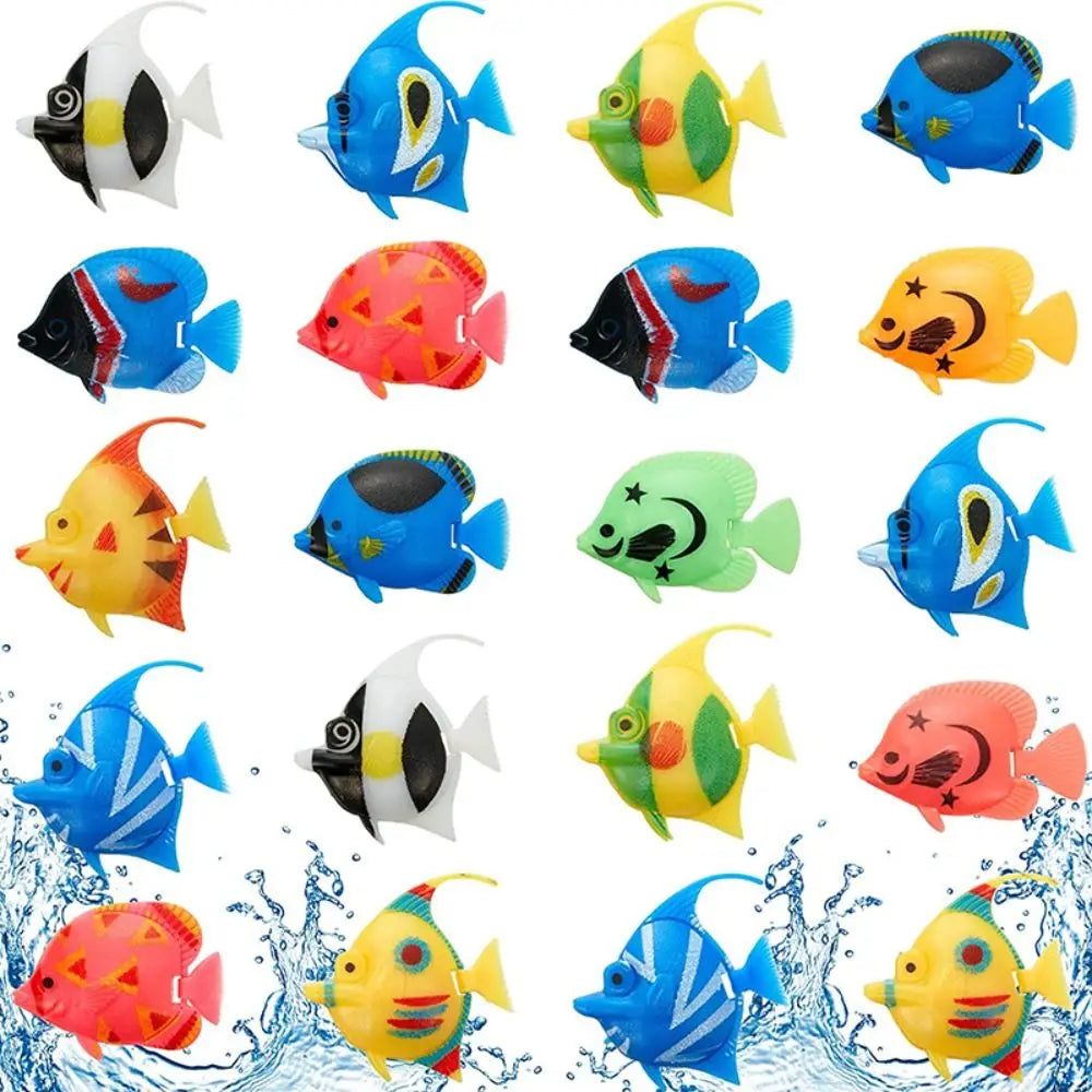 A collection of ten colorful, lifelike floating artificial tropical fish for aquarium decoration.
