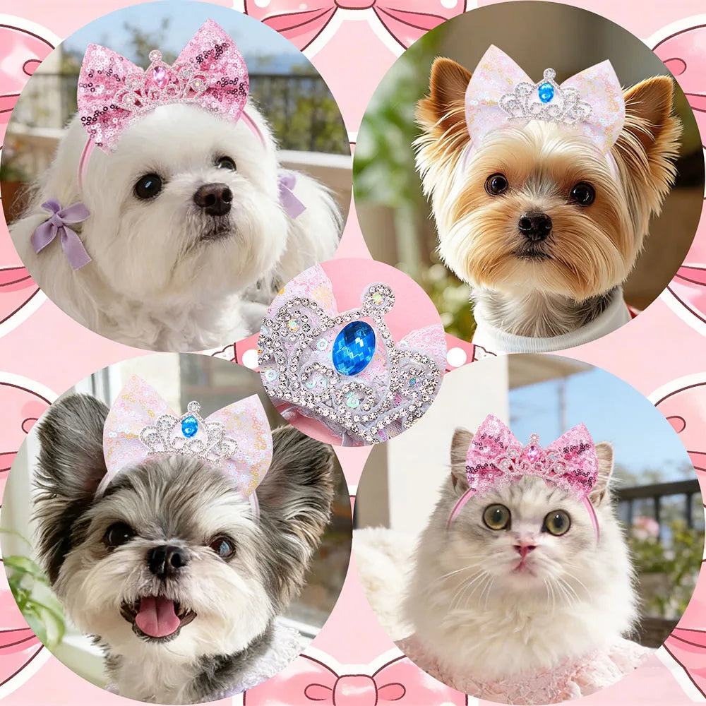 Eine Collage von Hunden mit verschiedenen Prinzessinnen-Haarspangen und Accessoires.