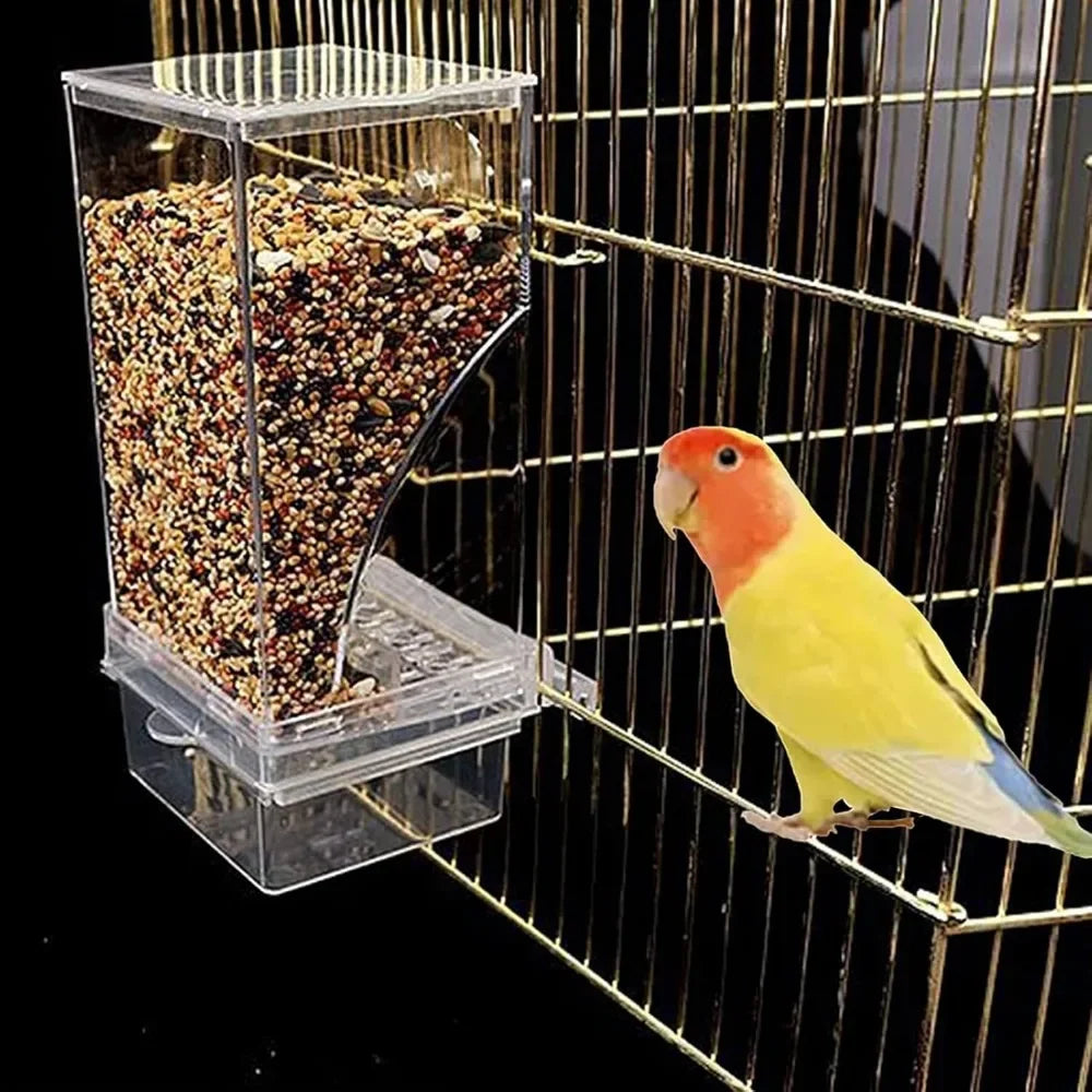 Nourrice automatique pour oiseaux en plastique dans une cage de fil avec perchoir jaune et orange