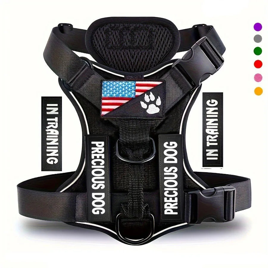 Black harness for a service dog with adjustable fit and training features