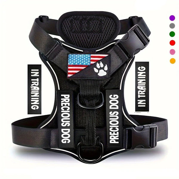 Black harness for a service dog with adjustable fit and training features