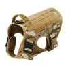 A tan tactical dog harness with a collar and MOLLE pouches shown from the side.