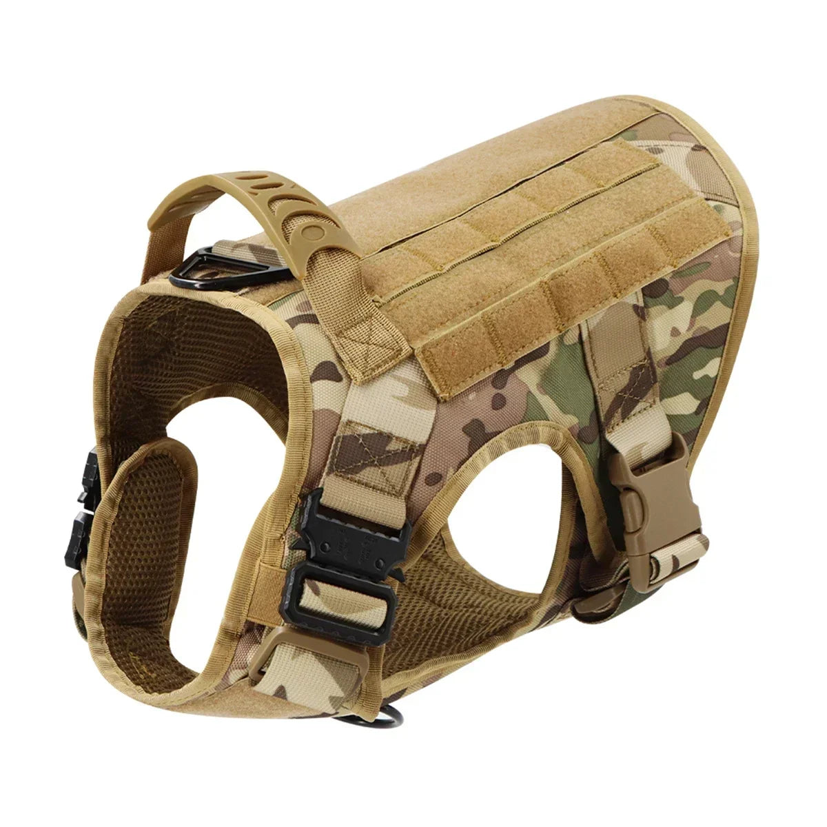 A tan tactical dog harness with a collar and MOLLE pouches shown from the side.