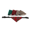 A set of five plaid bandana scarves in various tartan patterns for dogs and cats.