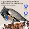 A close-up of an adjustable cutter head pet grooming clipper with a sharp blade and protective guard, shown alongside various
