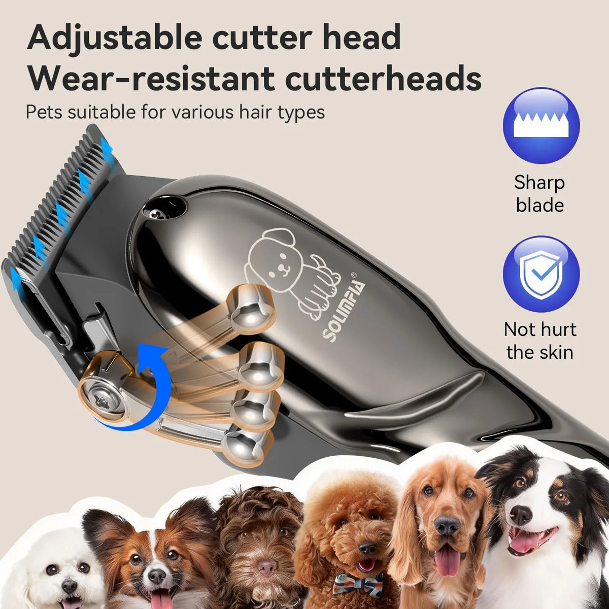 A close-up of an adjustable cutter head pet grooming clipper with a sharp blade and protective guard, shown alongside various