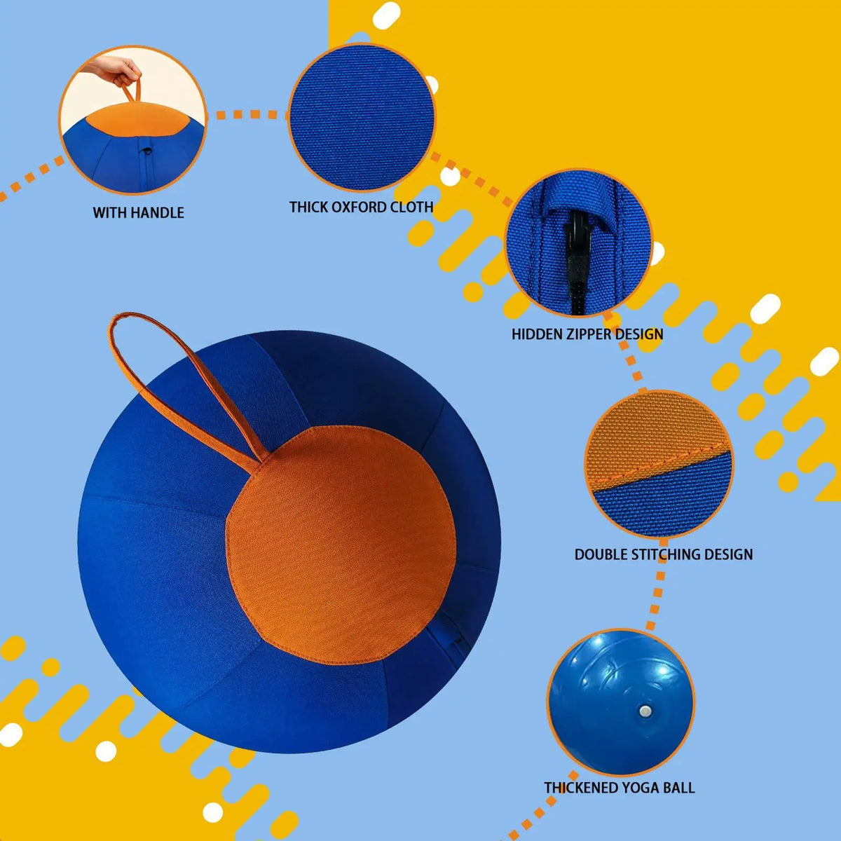 A blue and orange interactive herding ball for dogs shown with various design features like a handle, thick cloth, hidden zip