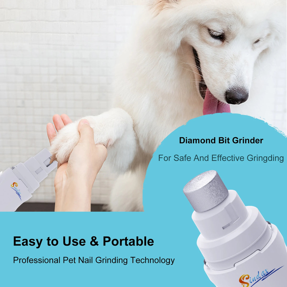 Un chien blanc est en train d'être toiletté avec une ponceuse Diamond Bit pour un broyage sûr et efficace.