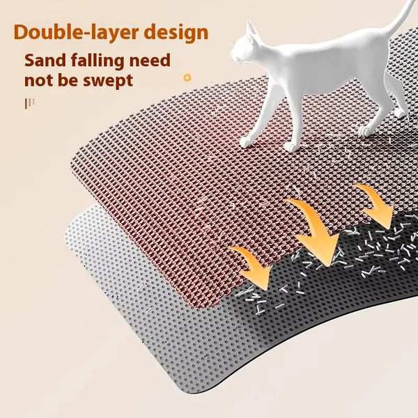A white cat is standing on a double-layer cat litter mat, demonstrating its ability to prevent sand from being swept.