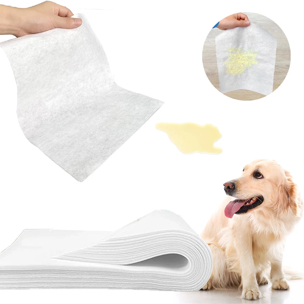 Pile de lingettes ultra-absorbantes pour urine d'animaux, avec une lingette et une main montrant le produit.