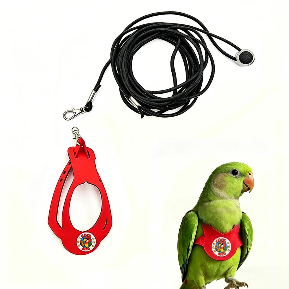 Rotes, verstellbares Papageihalter und Leine-Set mit schwarzem Seil und einem grünen Papagei.