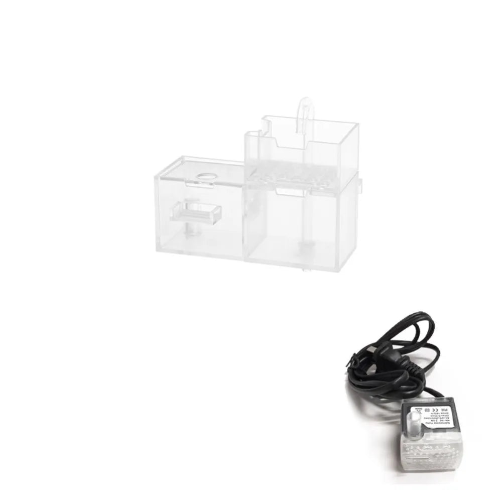 A clear plastic external aquarium filter unit with a lid and tubing visible.
