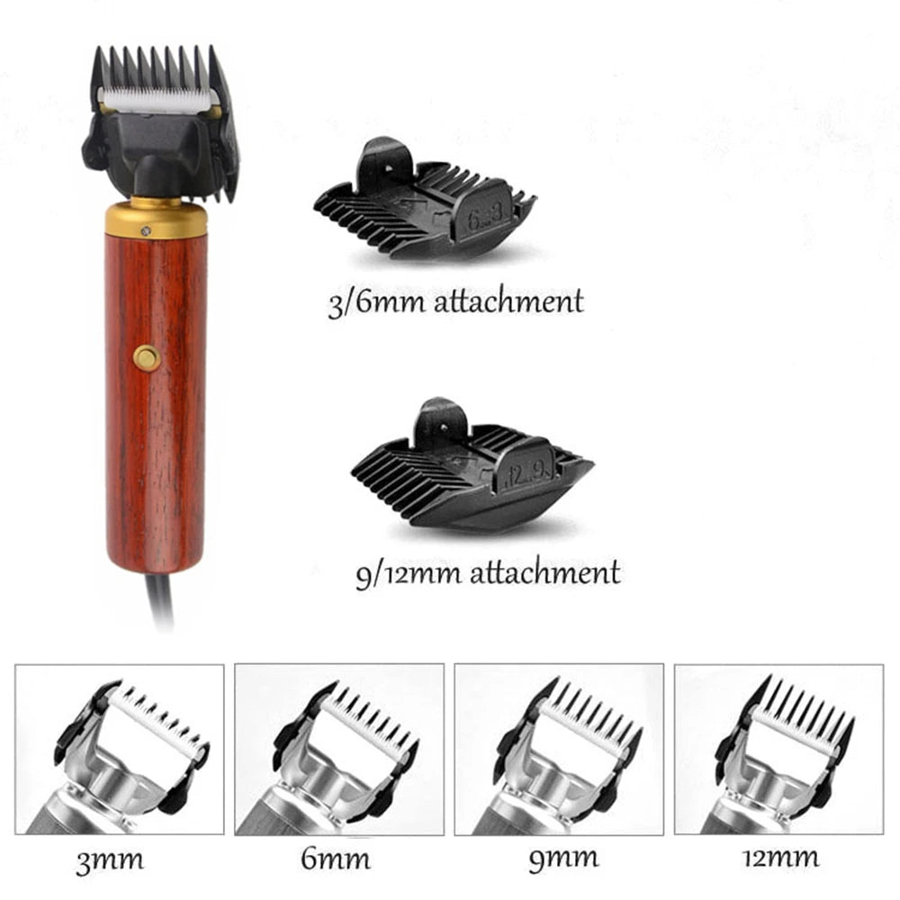 A set of professional corded pet clippers showing various attachments for different sizes including 3mm, 6mm, 9mm, and 12mm.