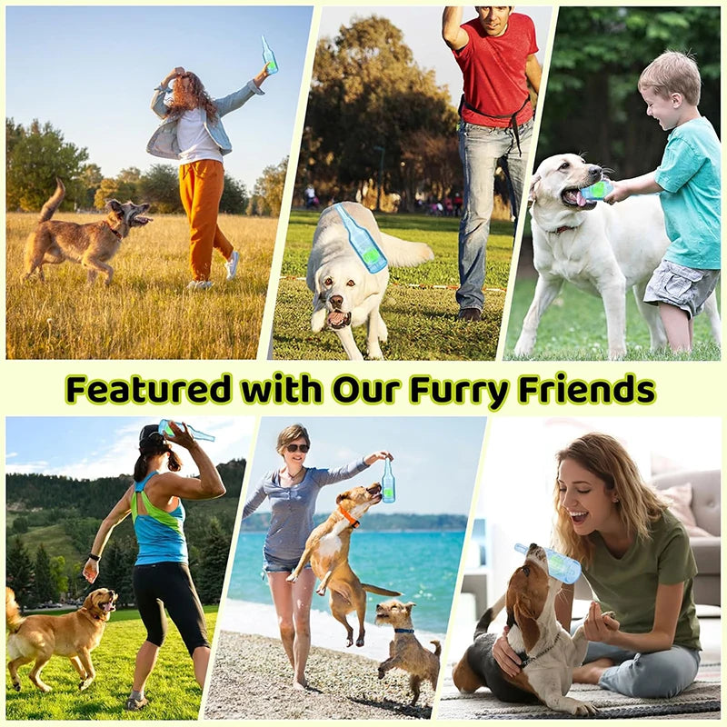 A collection of dogs playing and interacting with a squeaky tennis ball chew toy in various outdoor settings.