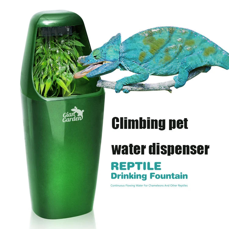 A green plastic water dispenser for climbing pets like lizards and chameleons, featuring a reptile drinking fountain.