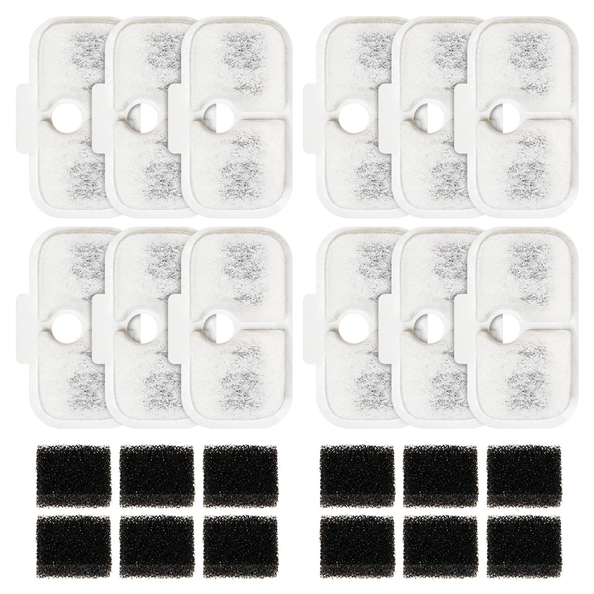 A set of white premium cat water filters, including multiple filter discs and black cleaning pads.