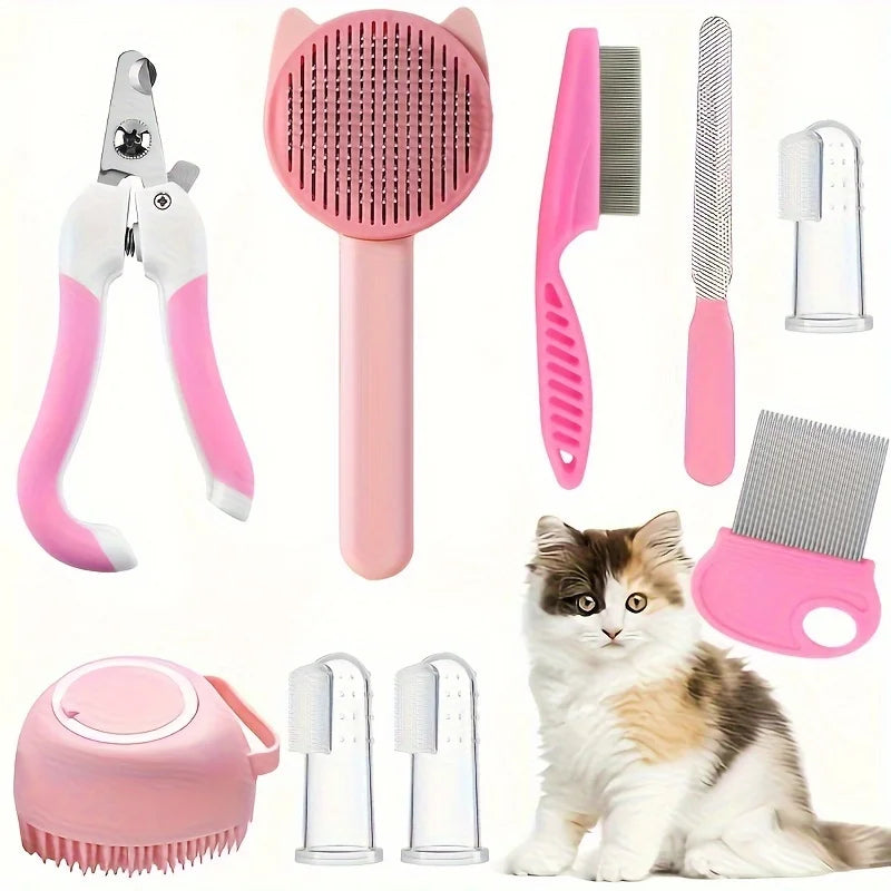 Rosa Multi-Tool für Tierpflege mit Schere, Bürste und Kamm neben einer Katze