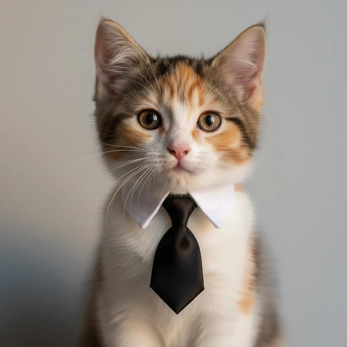 A tabby kitten wearing a black formal bow tie collar.