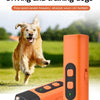 An orange ultrasonic dog training device with a flashlight is shown next to a dog running outdoors.