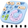 A light blue interactive dog puzzle toy featuring various shapes and colors for slow feeding