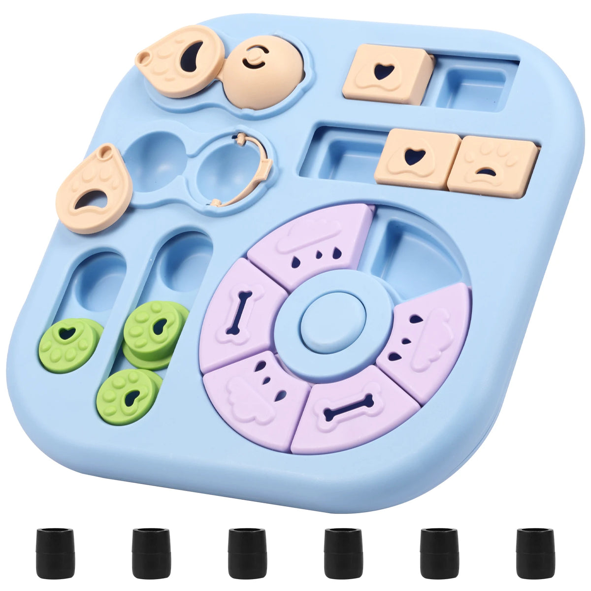 A light blue interactive dog puzzle toy featuring various shapes and colors for slow feeding