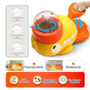 Gelbes, selbstbewegendes Katze-Spielball mit orangefarbener Basis und LED-Schwanz, mit Gebrauchsanweisung gezeigt.