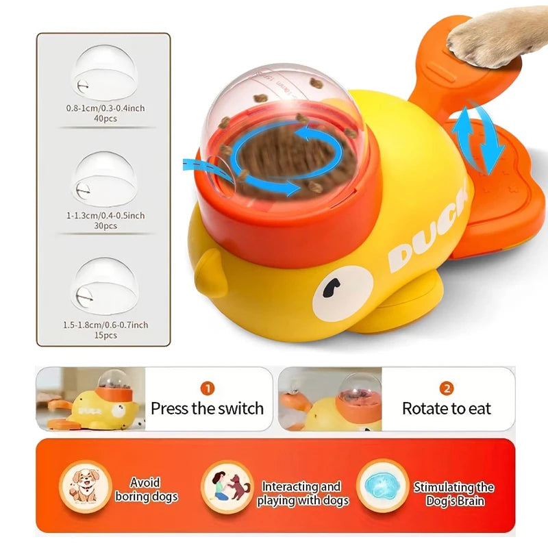 Gelbes, selbstbewegendes Katze-Spielball mit orangefarbener Basis und LED-Schwanz, mit Gebrauchsanweisung gezeigt.