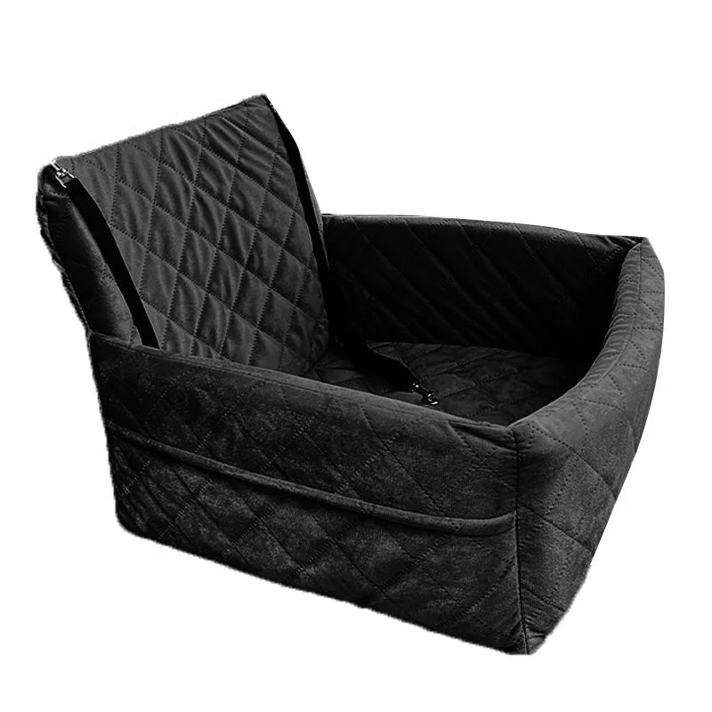 Black plush dog car seat with a quilted design and removable orthopedic cushion.