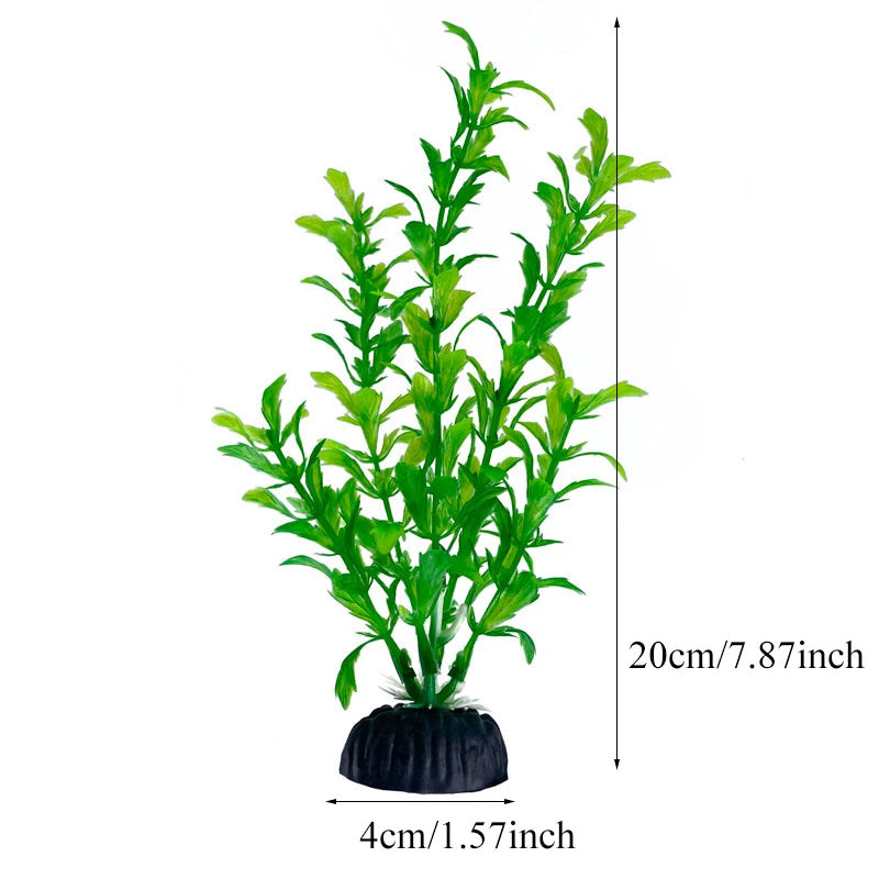 Plante aquatique artificielle vert vif avec un feuillage luxuriant, présentée droite.