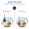 Comparison showing the wrong way versus the right way to fully submerge an aquarium heater for fish tanks.