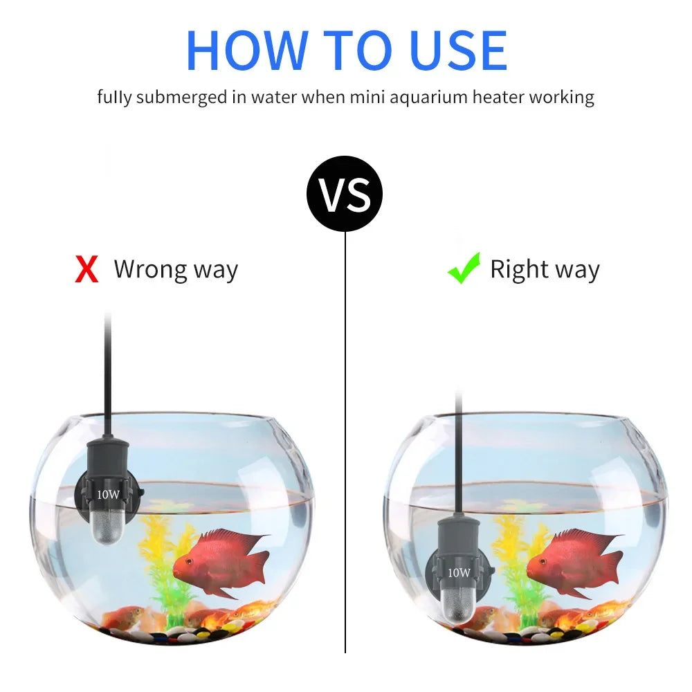 Comparison showing the wrong way versus the right way to fully submerge an aquarium heater for fish tanks.
