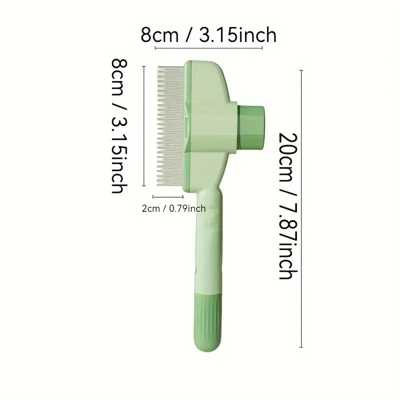 A light green stainless steel pet hair remover brush with a comb attachment.