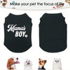 Black dog vest with white text Mama's BOY and various small pets shown below