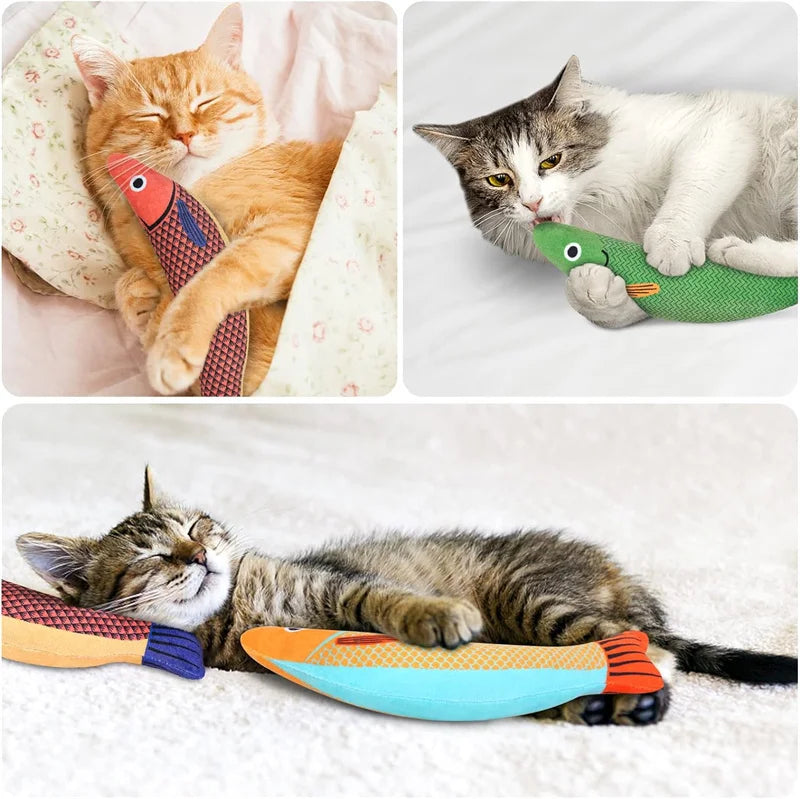 Three images showing a lifelike 3D catnip fish plush toy for cats in various colors and contexts.