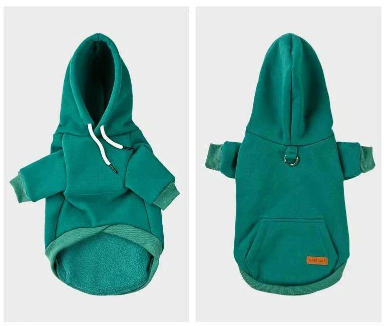 Sudadera con capucha de forro polar azul verdoso para perros de tamaño pequeño a mediano, vista frontal y trasera.