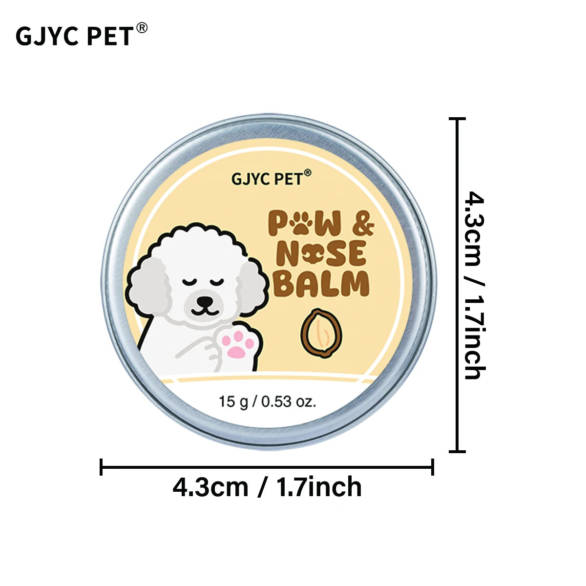 A round tin of GJYC PET Paw & Nose Balm with a light yellow label and white illustration of a pet's paw.