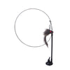 Black interactive cat teaser wand with a feather bird and bell hanging from a circular frame.
