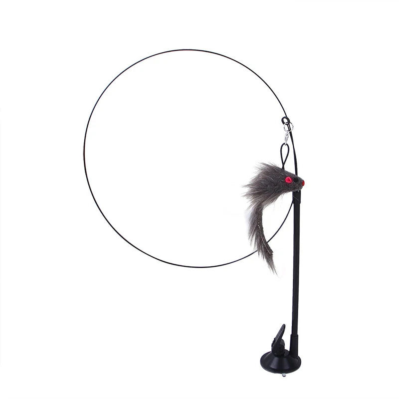 Black interactive cat teaser wand with a feather bird and bell hanging from a circular frame.