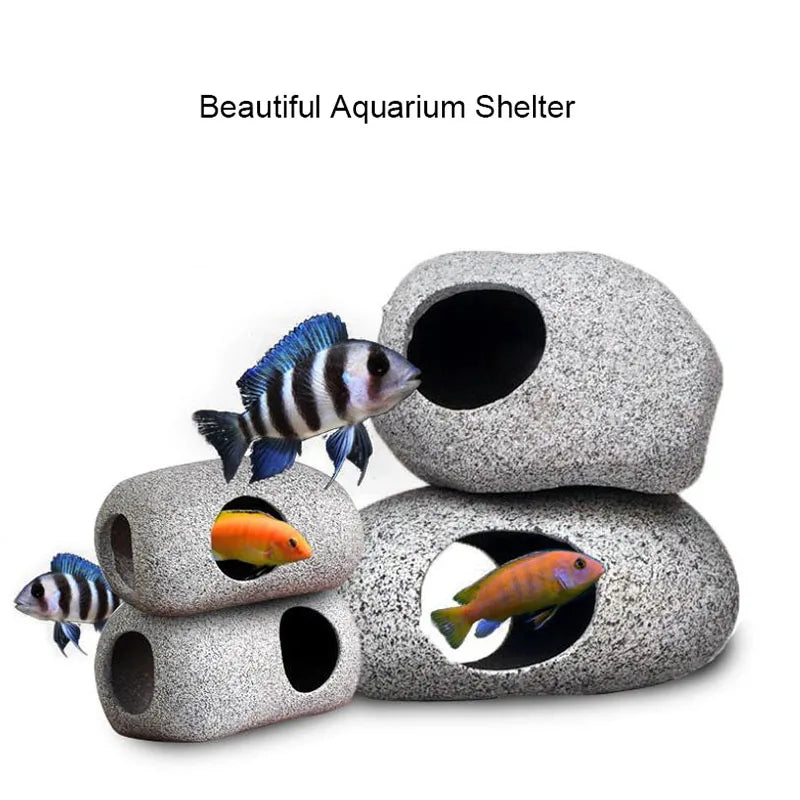 A collection of ceramic cichlid cave aquarium decor featuring various sized, textured shelters for fish.