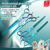 A set of professional grooming scissors made of stainless steel with various sizes shown against a blurred background.