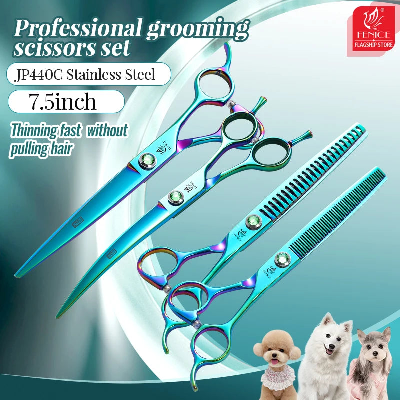 A set of professional grooming scissors made of stainless steel with various sizes shown against a blurred background.