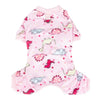 Pink soft cotton dog pajamas featuring a pattern of various dinosaur and animal figures