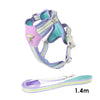 A purple and green adjustable dog harness with reflective straps and a 1.4m leash.